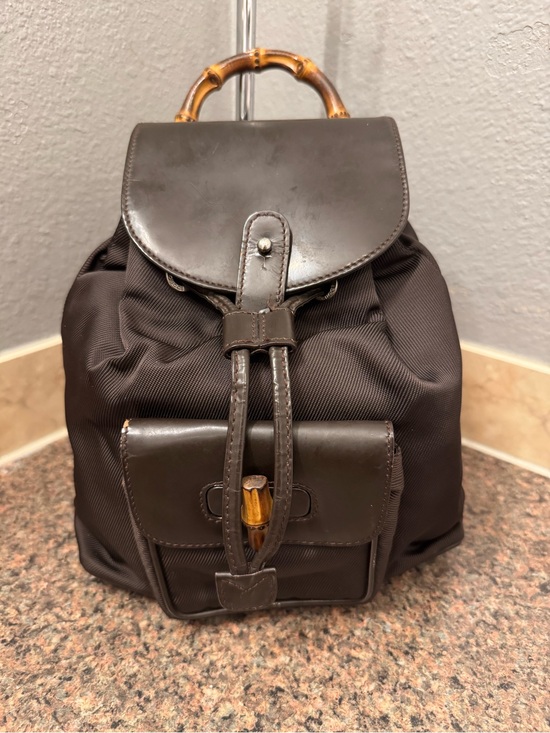 Gucci Other - Gucci bamboo Vintage Brown Nylon & Patent Leather Mini Backpack (WITH COA)